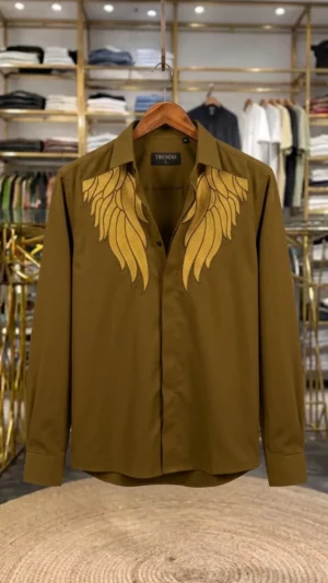 Men’s Premium Olive Green Shirt – Golden Embroidered Designer Party Wear