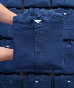 Men's Navy Blue Mandarin Collar Cotton Linen Blend Shirt - Full Sleeve Regular Fit Casual Shirt